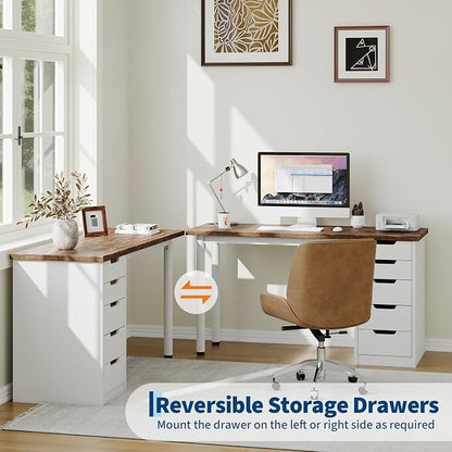 Garvee Computer Desk with 5 Drawers, 47 Inch Modern Simple Study Writing Desk with Storage, Rustic Home Office Desk, Reversible Computer Desk for Small Spaces, Apartments, Dorms, Brown+White