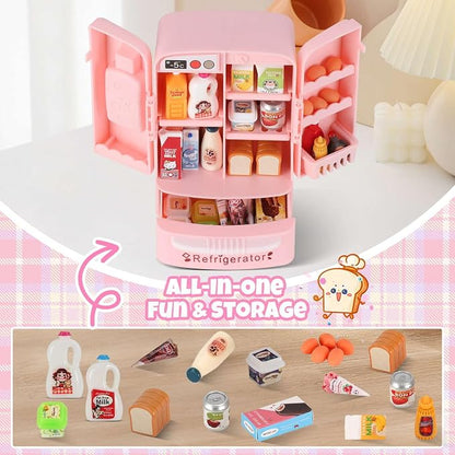 Mini Refrigerator Toy, Fill The Fridge with Ice Cream, Juice & 40+ Mini Food Toys for Dollhouse Accessories & Kitchen Playset. Realistic Refrigerator Play Gift for Kids.