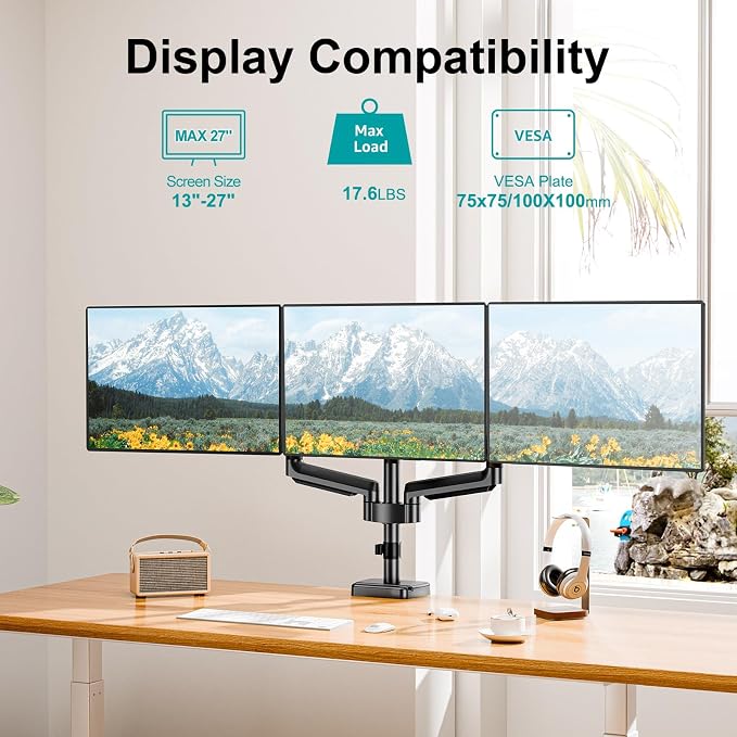MOUNT PRO Triple Monitor Mount, 3 Monitor Desk Arm fits Three Max 27" LCD Computer Screens, up to 17.6lbs Each, Premium Gas Spring Display Stand with Tilt Swivel Rotation, Vesa Mount 75x75,100x100