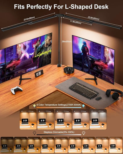 Desk Lamp Clamp Light 24W, Ultra Wide 4 Head Bars, 5 Color Modes Dimming, Multi-Screen Setup for Office, Architect, Black, Aluminum, Adapter Included