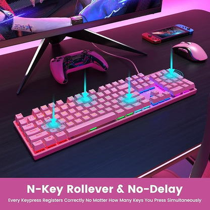 RisoPhy Mechanical Gaming Keyboard, Wired RGB 104 Keys, Blue Switch, Pink | Ultra-Slim Backlit USB Wired Keyboard, Durable ABS Keycap/Anti-Ghosting/Spill-Resistant Keyboards for PC Mac Xbox Game