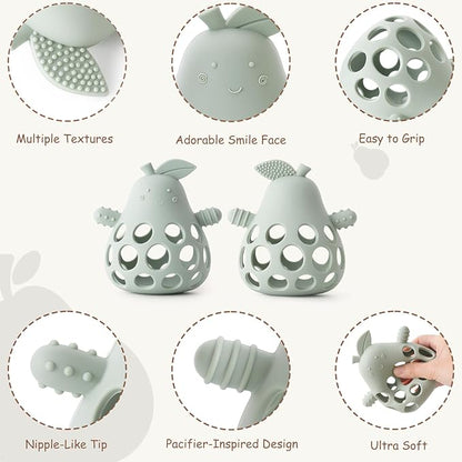 Baby Teething Toy Silicone Teether for Infants, Pear-Shaped Design with Easy-Grip Hole and Nipple-Shaped Ends for Gum Massage & Sensory Development, BPA-Free Safe Baby Chew Toy YIVEKO-Ivory+Sage