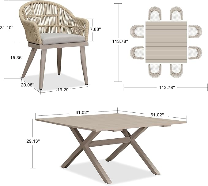 PURPLE LEAF 9 Pieces Patio Dining Set with Outdoor Aluminium Square Dining Table and Woven Rattan Chairs Modern Metal Furniture Cushions Sets for Garden Yard Indoor Decor Kitchen Champagne