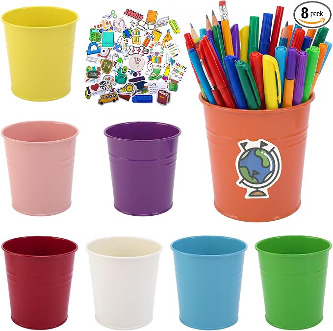 8 Pcs Colorful Metal Pen Holder, Desktop Pencil Cups with School Theme Sticker, Mini Pencil Bucket Makeup Brush Storage Organizer, Crayon Organizer for Classroom Office Home Stationery Supply