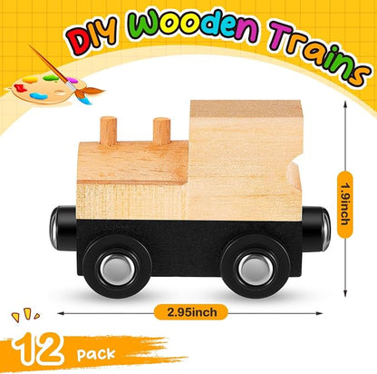 Halloscume 12 Pcs Unfinished DIY Wooden Trains Magnetic Unpainted Wooden Train Cars Toys for Railway Paint Project, Birthday Party Decorations Back to School Crafts Gifts Supplies (Classic)