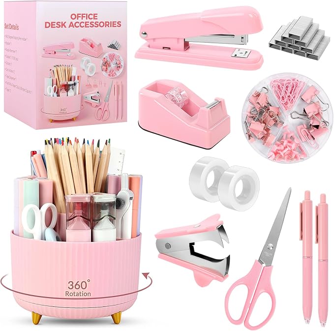 SKYDUE Pink Office Supplies Set, Pencil Holder for Desk,Gel Pen, Stapler, Tape Dispenser, Scissors,Clips and 1000pcs Staples, Office Decor for Women, Pink Desk Accessories
