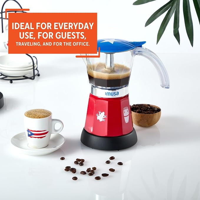 IMUSA 6 or 3 Cup Electric Boricua Espresso Coffee Maker, Red | Bare Cast Aluminum Finish, Cool-Touch Handle, Ideal for Moka and Puerto Rican Coffee, Great for Gifting