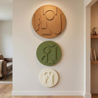 3D Textured Round Abstract Wall Art Set, 3-Piece Modern Minimalist Boho Geometric Sculptures Artwork for Walls, White Terracotta Green Paintings Wall Decor for Living Room Bedroom Dining Room Office