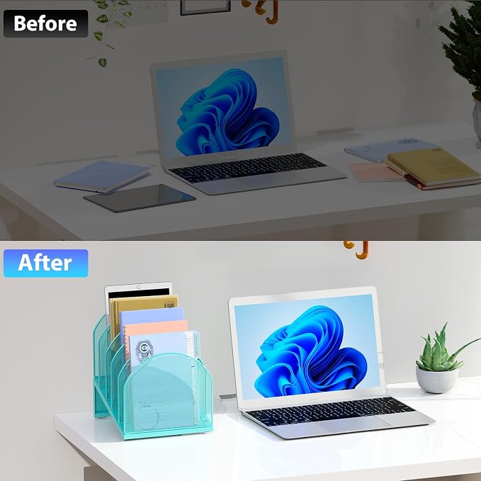 gianotter Desktop File Organizer with 5 Compartments | Desk Organizer Paper Organizer for Desk Workspace Organizers for Office Supplies (Blue, Inclined Style)