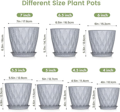 7/6.5/6/5.5/5/4.5/4 inch Plant Pots for Indoor Outdoor Plants, 7 Pack Thick Flower Pots with Drainage Holes and Saucers, Modern Wave Texture Plastic Planters Nursery Pots, Speckled Grey