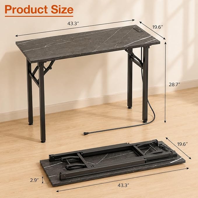 Folding Table Computer Desk - 43.3" No Assembly Folding Desk with Power Outlets & USB Charging Port, Small Desk, Foldable Office Desk, Compact Storage Portable Use for Small Space, Marble Greige