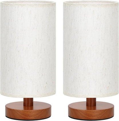 Desk Small Lamps Set of 2 (Cream Shade - Walnut Base, 9" Inline Control) | Two 3000K LED Blubs Included | 680 Lumens | Easy Assembly | Minimalist Design | E26 | for Kitchen | for Kids Room