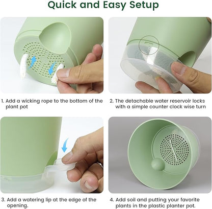 6 inch Self Watering Pots for Indoor Outdoor Plants, 6 Pack Flower Plant Pots with Drainage Holes and Clear Reservoirs, Visible Water Level, Plastic Planters with Wicking Rope, Green