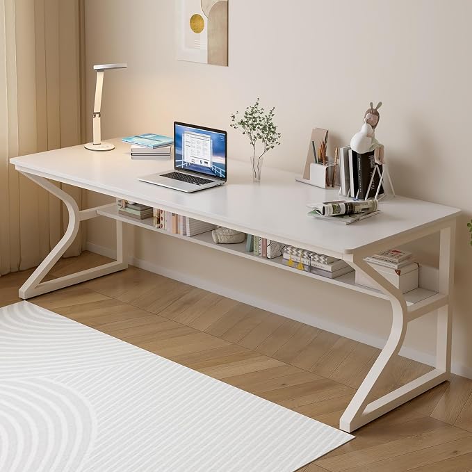 OSCHF 71-Inch Extra Long Desk with Storage Shelf, Warm White | Double Long Writing Table, Space-saving, 2-Person Workstation, Modern Study Work Computer Desk, For Home Office