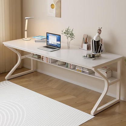OSCHF 71-Inch Extra Long Desk with Storage Shelf, Warm White | Double Long Writing Table, Space-saving, 2-Person Workstation, Modern Study Work Computer Desk, For Home Office