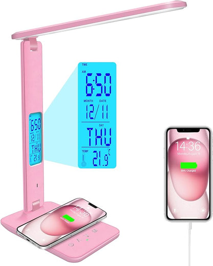 Desk Lamp with Wireless Charger, USB Charging Port, Dimmable Office Desk Light with Clock, Alarm, Date, Temperature, Foldable Lamp for Table Bedroom Bedside Office (Pink)