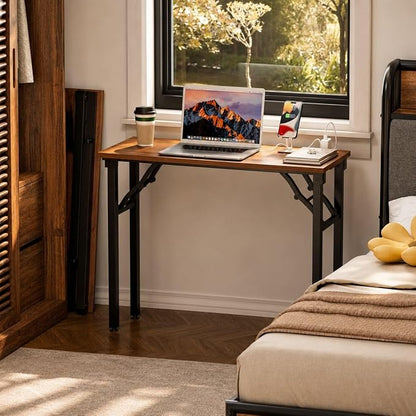 Folding Table Computer Desk - 35.8" No Assembly Folding Desk with Power Outlets & USB Charging Port, Small Desk, Foldable Office Desk, Compact Storage Portable Use for Small Space, Dark Walnut