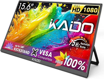 Kado 15.6" 1080p 75Hz Portable Monitor for Laptop, 100% sRGB Second Display | FHD 45W Reverse Charge HDMI USB-C IPS Laptop Screen Extender, 180° Kickstand for PC, Mac, Dex, Tablet, Xbox, PS4/PS5, Switch