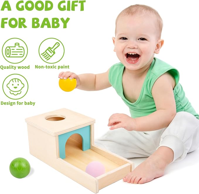 Adena Montessori Wooden Toy for 6-12 Month Baby 3 Balls with Tray, Object Permanence Box Colorful Learning Education Toy for Toddler Kid 1-2 Year Old, Preschool Developmental Girl and Boy Gift