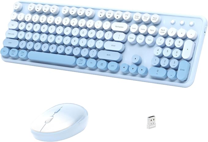 Links9+ Wireless Keyboard and Mouse, Full-Size Retro Typewriter Keyboard with Round Keycaps, 2.4GHz for Windows, Mac, Laptop, PC, Desktop (Blue Gradient)