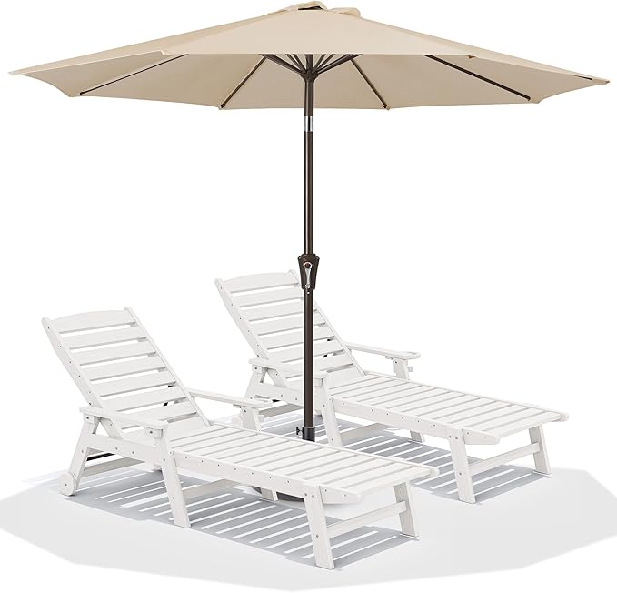 SERWALL Patio Chaise Lounge Chair Set of 2 with 9FT Patio Umbrella, 78'' HDPE Outdoor Lounger, Poly Lounge Chair with Rolling Wheels & Cup Holder for Pool,Light White (Umbreall Base not Included)