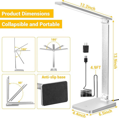 LED Desk Lamp for Home Office, 3 Levels Dimmable Desk Light with USB Charging Port, Small Study Lamp, Reading Light for Table, Sliver, 5000K