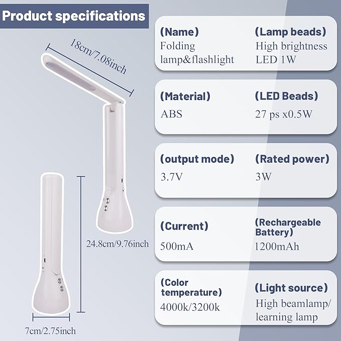 2-in-1 LED Desk Lamp Base with Flashlight for Home Office, Rechargeable, 3 Lighting Modes, Foldable & Portable Light, Cordless Table Bedside lamps, White