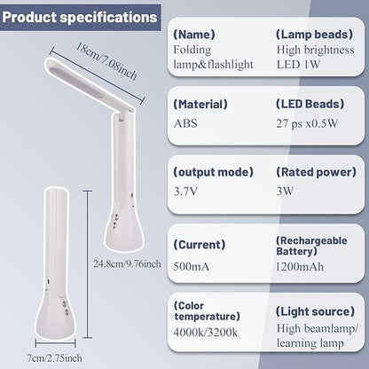 2-in-1 LED Desk Lamp Base with Flashlight for Home Office, Rechargeable, 3 Lighting Modes, Foldable & Portable Light, Cordless Table Bedside lamps, White