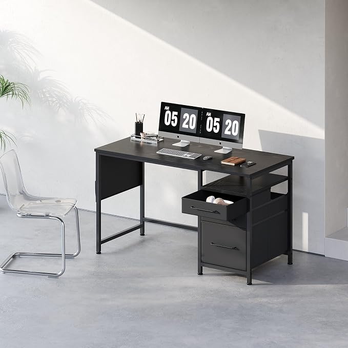 Maihail Small Desk with Drawers, Office Desk with Storage Shelves, Black | 47 Inch Desktop, Metal Frame, 3 Fabric Drawers, Storage Shelves, Computer & Writing Desk, Office Gaming Workstation