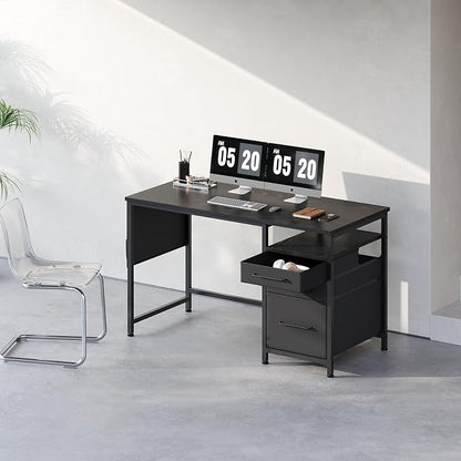 Maihail Small Desk with Drawers, Office Desk with Storage Shelves, Black | 47 Inch Desktop, Metal Frame, 3 Fabric Drawers, Storage Shelves, Computer & Writing Desk, Office Gaming Workstation