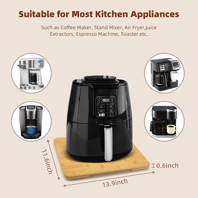 360°Rolling Tray Bamboo Kitchen Appliance Slider for Coffee Maker Pot | Countertops Sliding Tray Mat for Kitchen Appliances Easily Move Under The Cabinet Natural 11.6×13.9