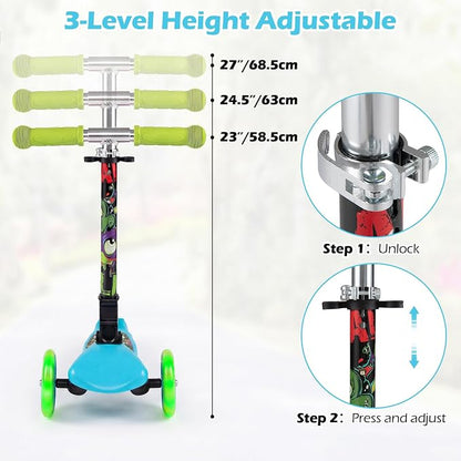 OLAKIDS Kids Kick Scooter with LED Front Wheels, 3-Level Adjustable Handlebars, Lean-to-Steer Design, Rear Foot Brake, Wide Anti Slip Deck, 3-Wheel Scooter for Kids Ages 2-5