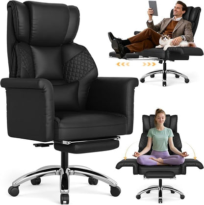 Ergonomic Office Chair with Footrest, Criss Cross Legged Desk Chair with Flip-Up Arms, Wider Thicker Spring Seat, Lumbar Pillow, Pet-Friendly, 500LBS Big and Tall Heavy-Duty Executive Leather Chair