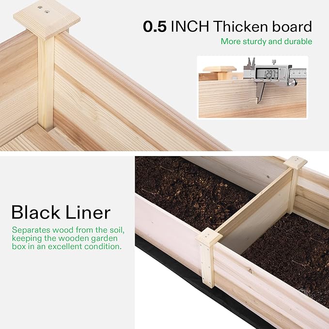 VIVOSUN Wooden Raised Garden Bed, 48 x 24 x 30 Inches, Outdoor Wood Planter Box with Gloves and a Liner, with Trellis for Vine Climbing for Garden, Patio, Balcony, Backyard and Outdoors