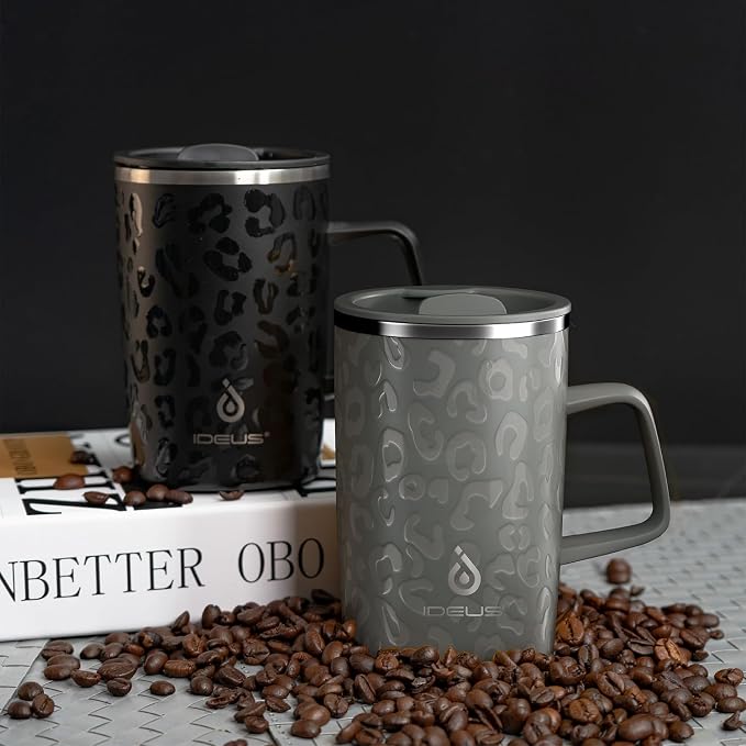 Ideus 16 oz Insulated Stainless Steel Coffee Mug with Lid, Leopard Gray | Perfect for home, office, or daily use| Easy to clean wide mouth| Sweat-proof| On the go