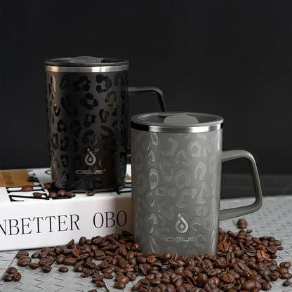 Ideus 16 oz Insulated Stainless Steel Coffee Mug with Lid, Leopard Gray | Perfect for home, office, or daily use| Easy to clean wide mouth| Sweat-proof| On the go