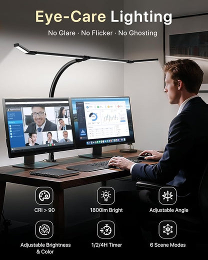ONEMIX 42-Inch LED Desk Lamp for Dual Monitors with Clamp and Remote | 4 Adjustable Panels for Focused or Wide-Area Light, 1800LM, Flexible Gooseneck, 5 Color Temps, 5 Brightness Levels, Timer
