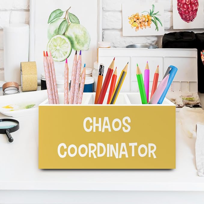 Chaos Coordinator Yellow Pen Pencil Holder Organizer for Desk, Thank You Gifts for Women Men Coworkers Boss Leader Manager, Appreciation Gifts Wooden Box Sign for Office Tabletop Decorations