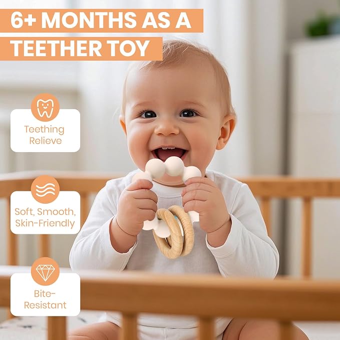 Socub Baby Teething Toys for 0-6 6-12 Months- BPA-Free Food-Grade Silicone & Natural Beech Wood Teether Ring for Newborn Infants Teething Relief- Easy-Grip Sensory Rattle Toys(Shifting Sand)