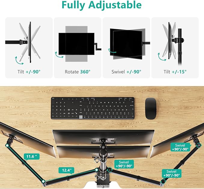 WALI Quad Monitor Mount for 13-27 Inch Screens, Fully Adjustable 4 Monitor Stand with Swivel, Tilt, Rotation, Clamp & Grommet Base Kit, Max Load 22lbs per Screen (M004S), Black