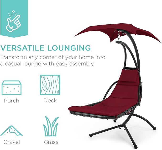 Best Choice Products Outdoor Hanging Curved Steel Chaise Lounge Chair Swing w/Built-in Pillow and Removable Canopy - Burgundy