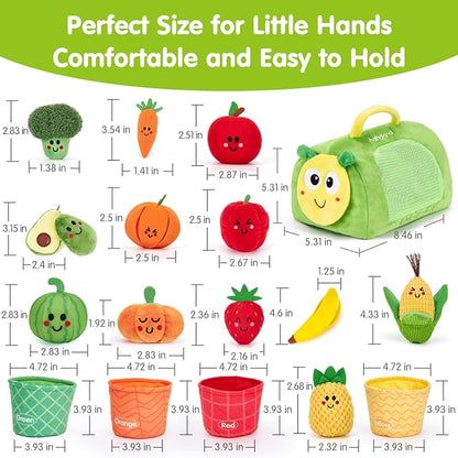 hahaland Montessori Toys for 1 Year Old - 17 PCS My First Fruit Vegetable Sensory Toys Color Sorting Plush Play Food with Caterpillar Storage Bag, 6 9 Month Old Baby Toys 6-12 Months One Year Old Gift