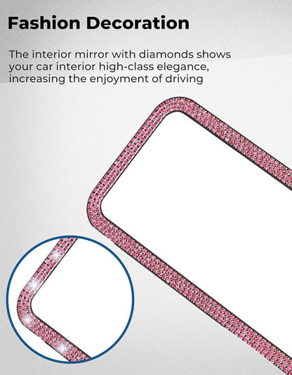 JOYTUTUS Rear View Mirror, Universal 12 Inch Panoramic Rearview Accessories with Bling Rhinestones Crystal Diamonds Edge, Interior Clip-on Wide Angle Rear View Mirror -Pink