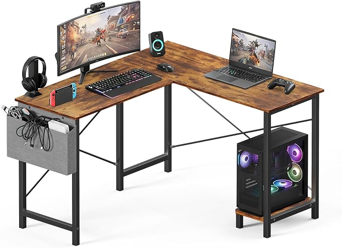 OLIXIS L Shaped Desk, 50-Inch Office Computer Gaming Desks Corner PC Table with Side Bag and Reversible Shelf for Home Work Study Writing Rustic Brown | Side Bag, Reversible Shelf, Home Work Study Writing, PC Workstation, Easy Assembly, Rustic Brown