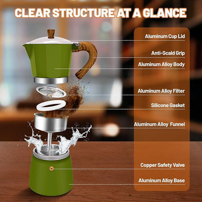 6 Cup Aluminum Espresso Stovetop Moka Pot Express Coffee Maker Percolator Italian Classic Mocha Coffee Machine for Italian and Cuban Cafe Brewing for Home & Camping 300ml 10oz