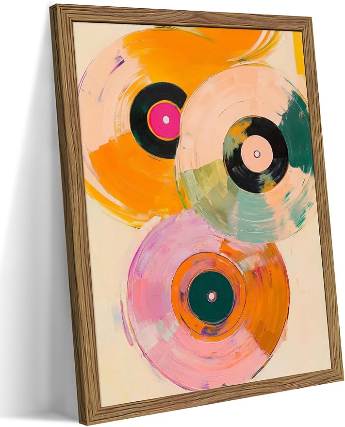 Vintage Vinyl Record Wall Art - Framed Canvas Music Decor for Living Room & Studio, Colorful Abstract Oil Painting in Wood Frame, Retro Record Player Print for Bedroom 12x16 inch