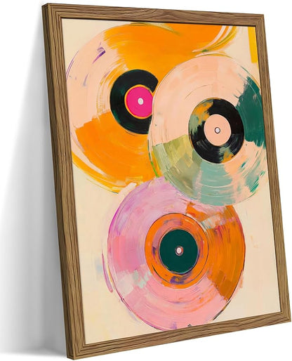 Vintage Vinyl Record Wall Art - Framed Canvas Music Decor for Living Room & Studio, Colorful Abstract Oil Painting in Wood Frame, Retro Record Player Print for Bedroom 12x16 inch