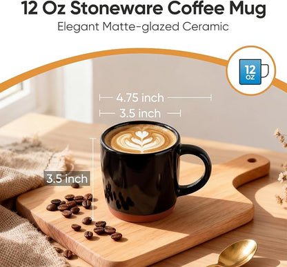 E-far Ceramic Coffee Mug Set of 4, 12oz Stoneware Coffee Cup with Handle, Porcelain Tea Cups, Modern Farmhouse Latte Mug Gift Set for Women & Men, Microwave Safe, Matte Black