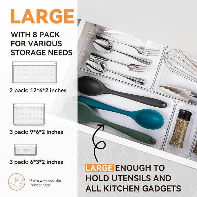 Criusia 8 Pack Drawer Organizer for Kitchen Gadgets, Large Clear Plastic Drawer Divider for Kitchen Accessories, Bathroom Organizers and Storage, Home Essentials for Makeup and Vanity Accessories