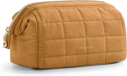 BAGSMART Puffy Padded Travel Makeup Bag, Wide-open Toiletry Bag, Mustard Yellow
